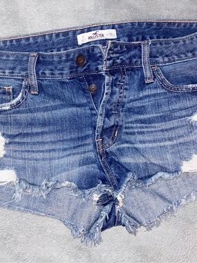 Hollister Classic Medium Blue Denim Shorts- Distressed style with Button Fly